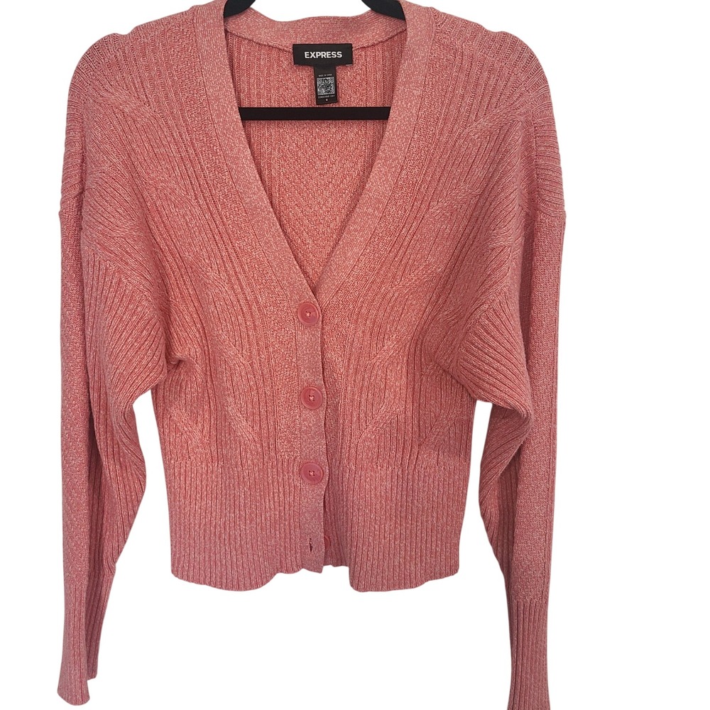 Express Conscious Edit Pink Marled Chevron Ribbed Knit Button Cardigan Sweater M